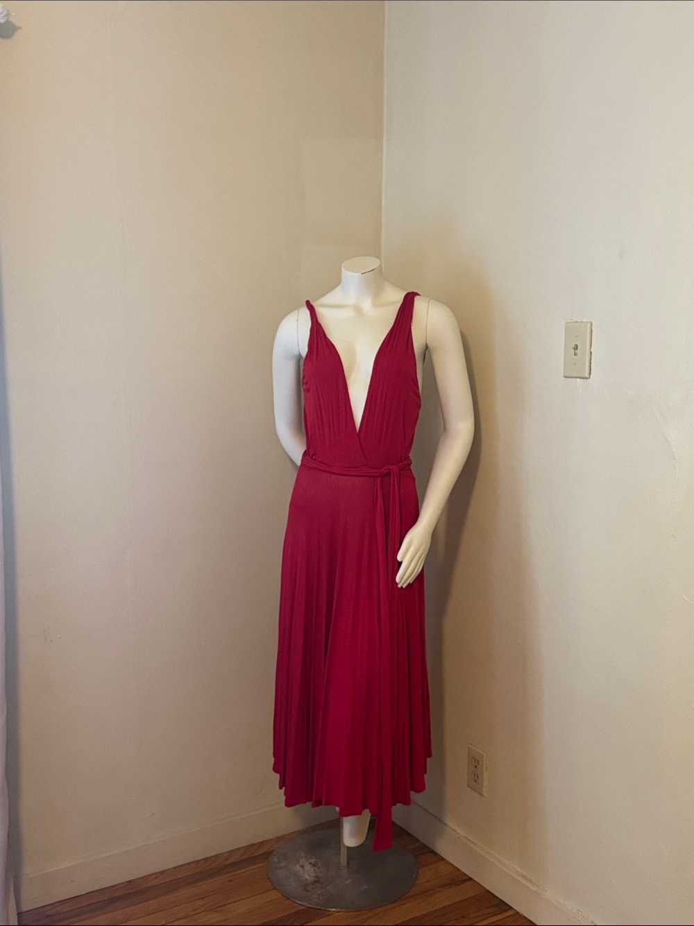 Sleeveless Red Deep V Midi Dress with Waist Tie